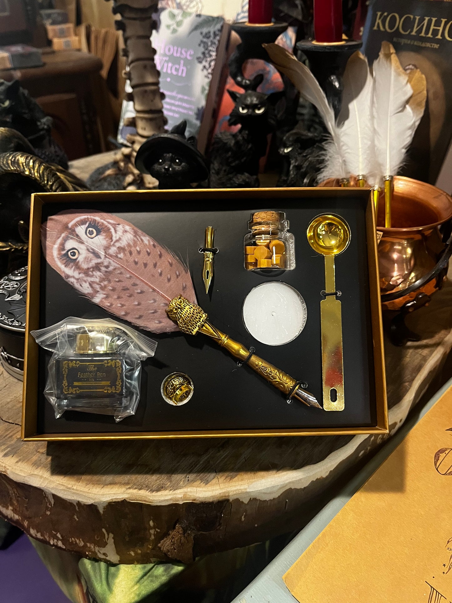Owl feather calligraphy set in a gift box