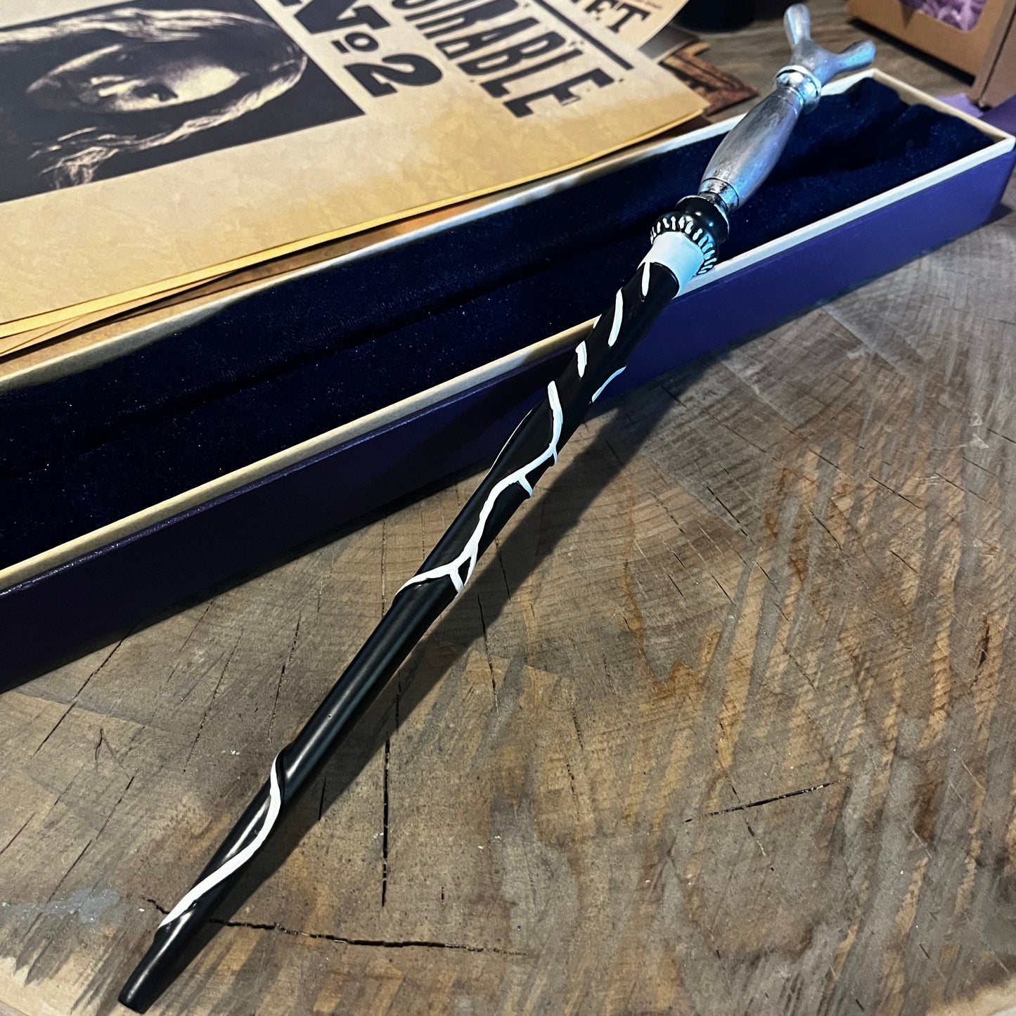 Magic wand in a gift box. Cosplay stuff