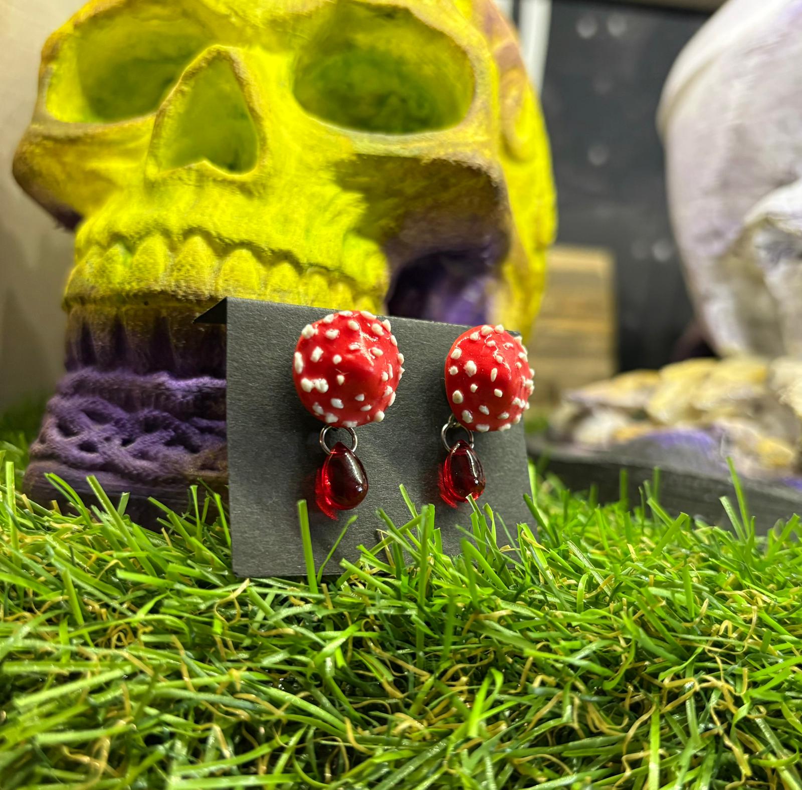Handmade mushroom earrings with skull background – mystical forest-inspired jewelry