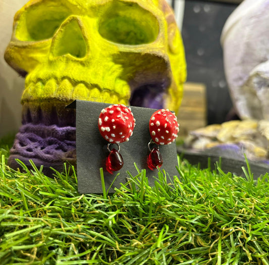 Handmade mushroom earrings with skull background – mystical forest-inspired jewelry