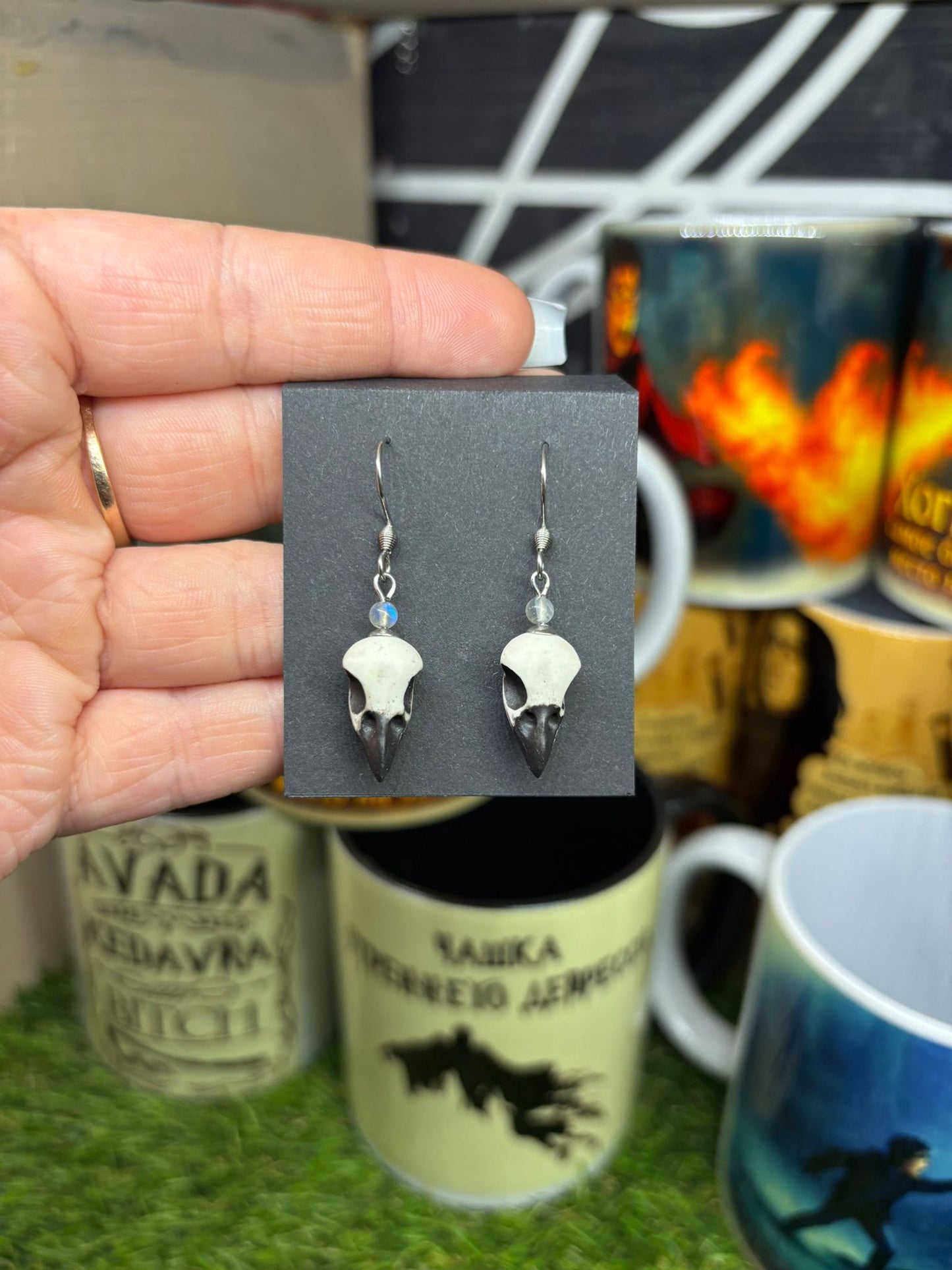 Transparent bead Bird Skull Earrings – fantasy handmade jewelry Riga