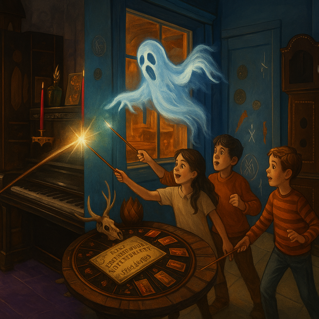 Bērni ar burvju nūjiņām cīnās ar spoku Weasgley Craft & Magic kvestā “Pazūdošā skapja noslēpumi” Rīgā.